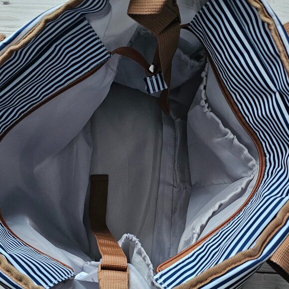 Little Wonders Navy White Stripe Diaper Bag + Tan Accents - Excellent Condition! - Picture 7 of 13